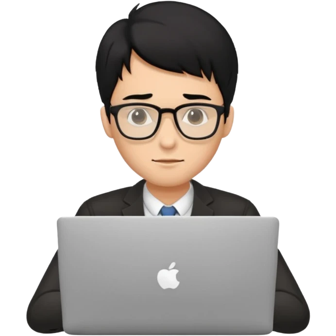 a fair man with black hair working on laptop , front view emoji