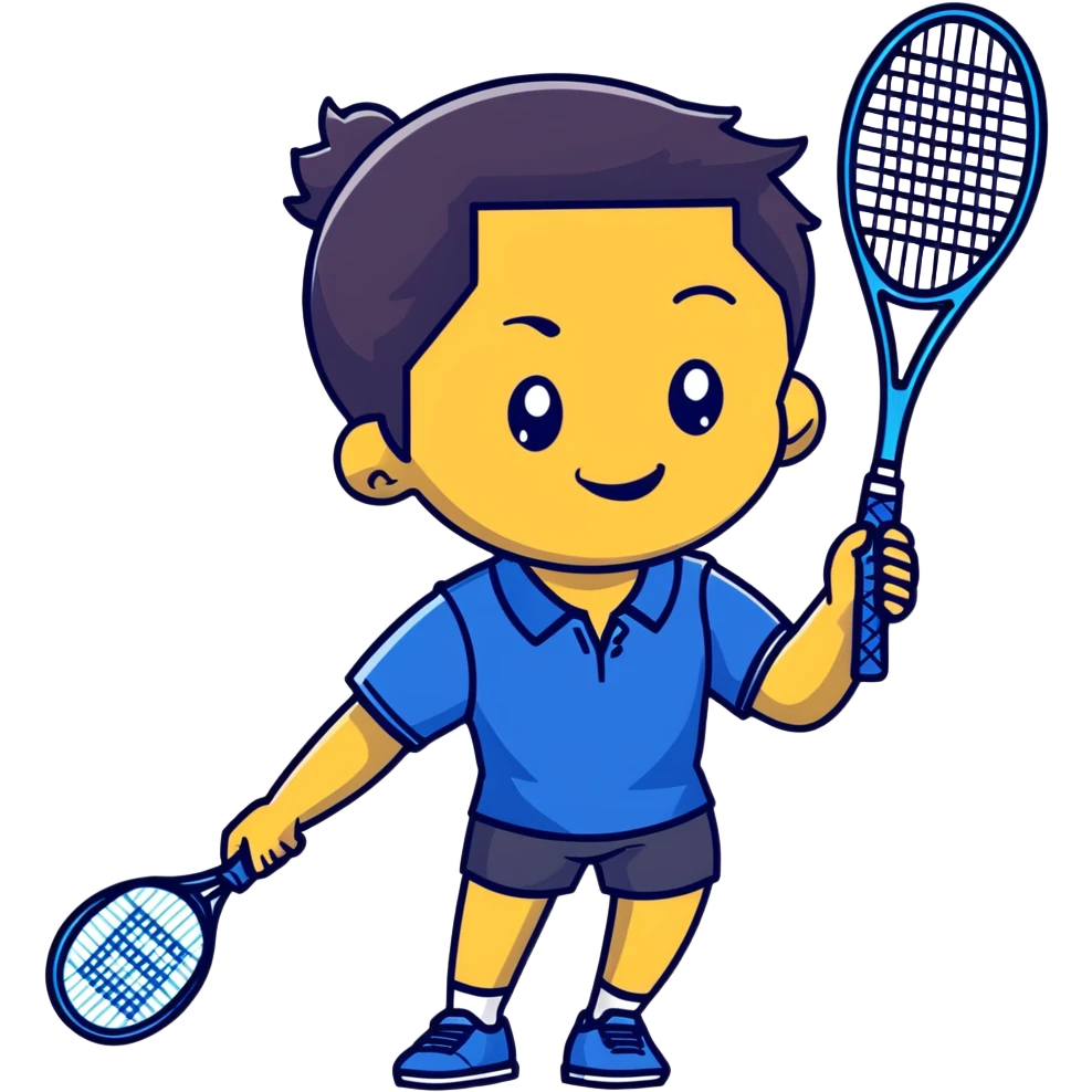 light brown skinned tennis coach, short straight black hair with widow's peak, oval face, small eyes, smiling, holding blue Yonex racket, wearing navy blue dry fit shirt emoji