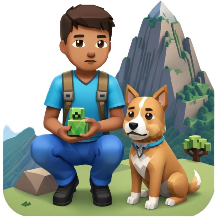 A bloxd Player Named Alex In a mountain kneeled down with a minecraft pet dog  emoji