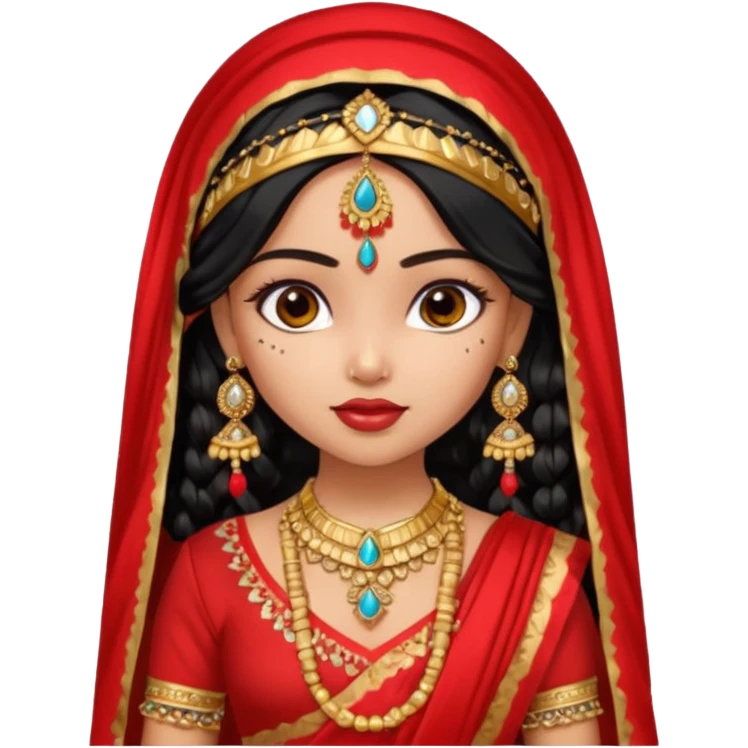 a pretty bratz fair indian girl wearing a red indian wedding outfit with dupatta on head,  golden jewellery, black wavy hair emoji