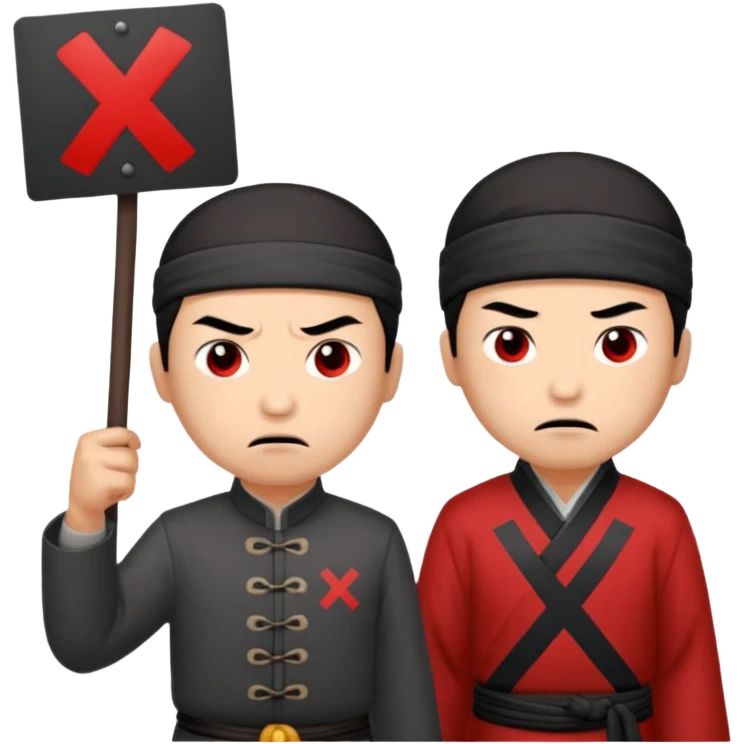 qing empire man who is of han ethnicity who looks angry that is holding a sign that has a red x on it to another man who is not han ethnicity who looks sad emoji