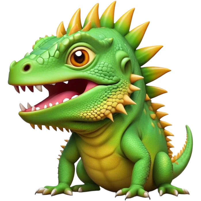 Cinematic Comical Iguana Portrait Emoji, Head tilted dramatically with an exaggeratedly shocked expression, featuring a robust, textured body with a quirky, spiky crest and wide, comically expressive eyes full of playful disbelief, Simplified yet hilariously expressive features, highly detailed, glowing with a slightly sassy jungle glow, high shine, dramatic yet playful, stylized with an air of quirky reptilian mischief, soft glowing outline, capturing the essence of a meme-worthy iguana that looks ready to side-eye its way into viral fame! emoji