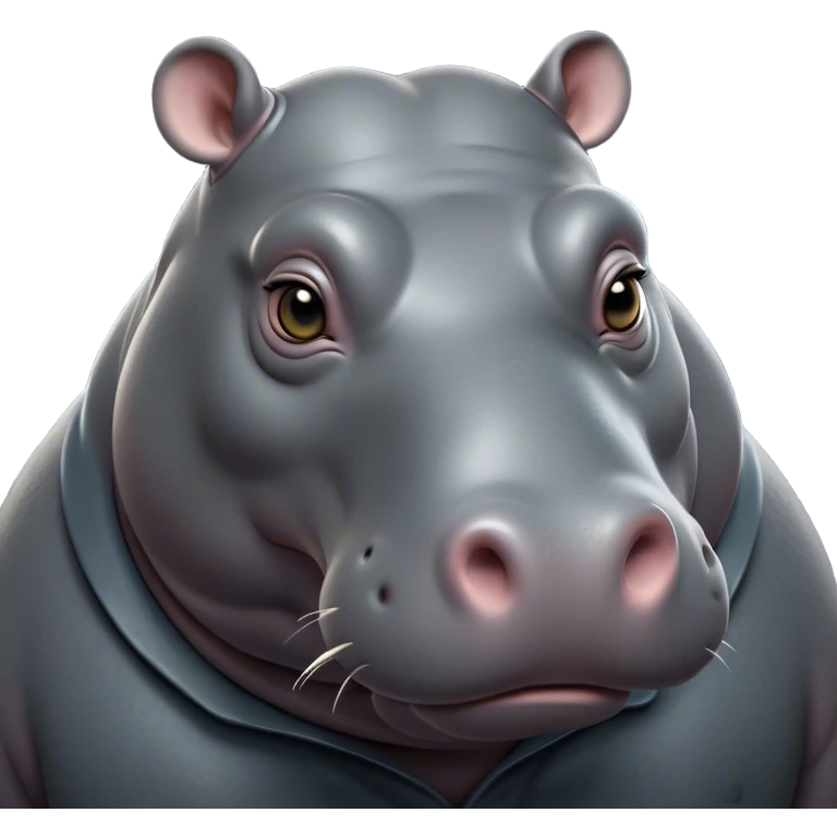 Cinematic Noble Hippo Portrait Emoji, Poised and regal, with a massive, robust build and a smooth, well-groomed slate-gray hide, deep-set soulful eyes, Simplified yet sharp and sophisticated features, highly detailed, glowing with a soft, dignified glow, high shine, intelligent and calm, stylized with an air of riverine majesty, focused and attentive, soft glowing outline, capturing the essence of a watchful and confident water-dweller, so majestic it feels as though it could lumber out of the screen with effortless authority! emoji