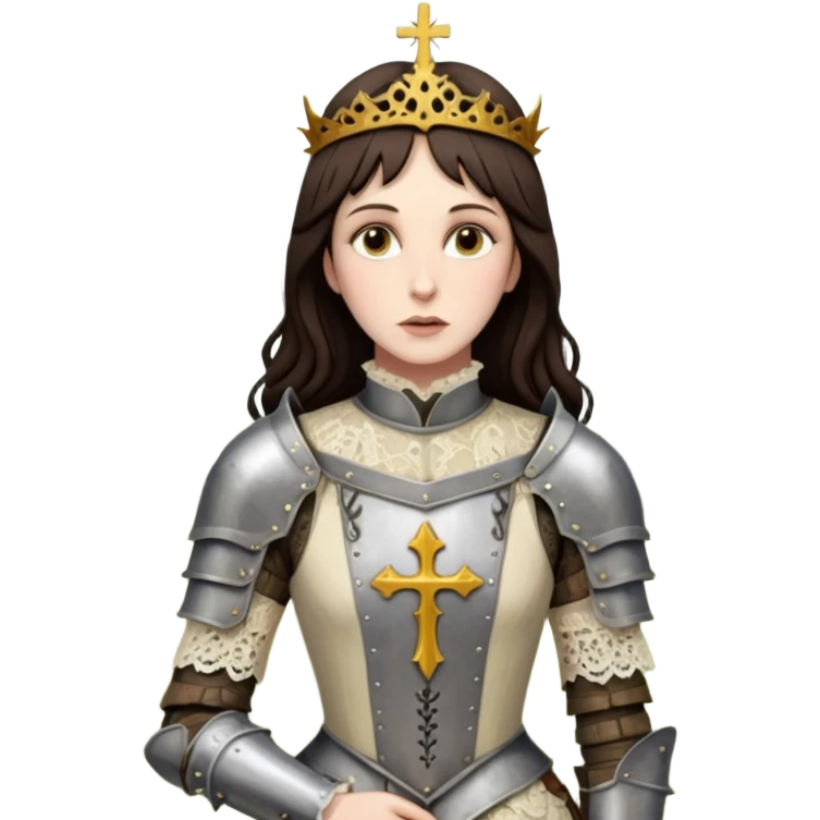 realistic cinematic actress Cher in Victorian lace styling like Joan of Arc dirty damaged armor in a forest emoji