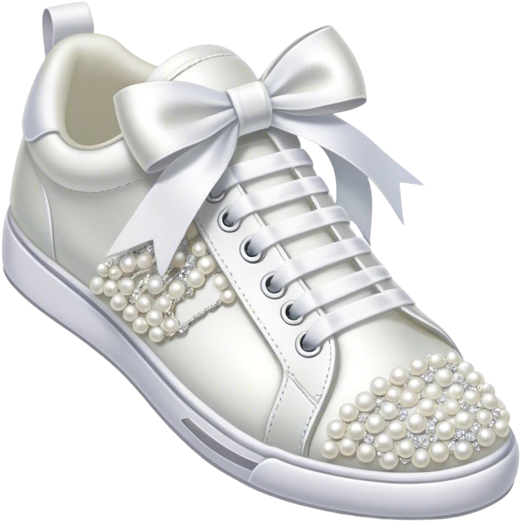 Pearl-encrusted white bridal tennis shoes with ribbon laces tied in a bow emoji