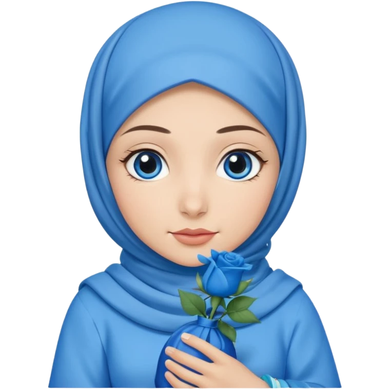 Turkish beautiful finish Konya girl blue eyes with blue hijab islamic dress and had on her hand blue rose bag emoji