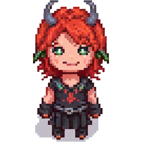 pixel art character with red hair, mischievous smile, small black eyes, red devil horns emoji