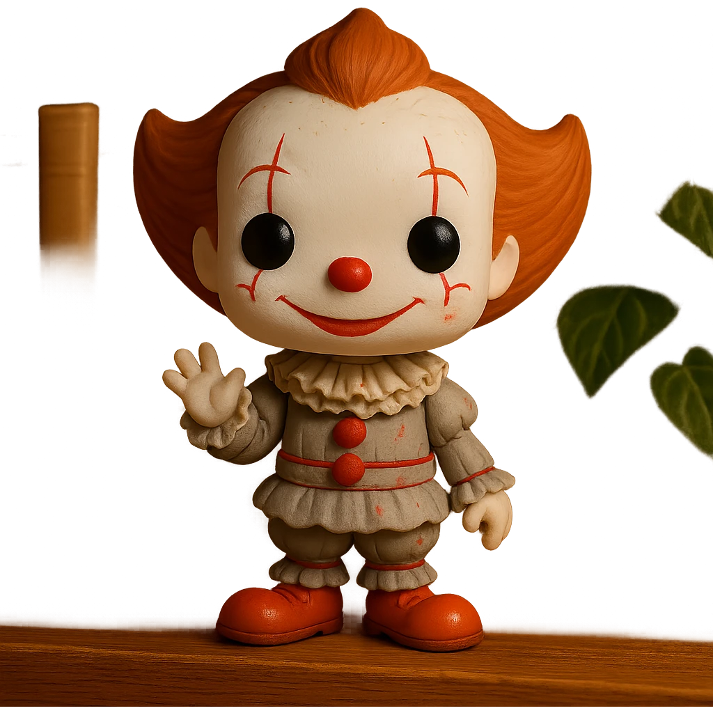 Make this Pennywise clown look like a friendly toy with a toy-like appearance, very minimal blood, cute and playful features, keep the background transparent. emoji