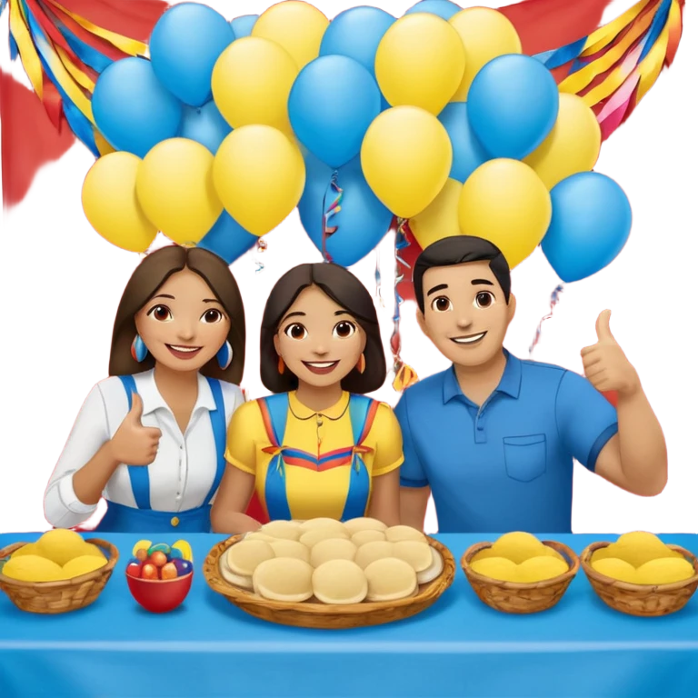 party table decorated with red blue and yellow colors, including a backdrops, balloons arch, streamers and more. On the table are intricate displays of colombian arepas, and baskets of money. In the forefront is a woman and man in simple clothing, big smiles and big thumbs up emoji