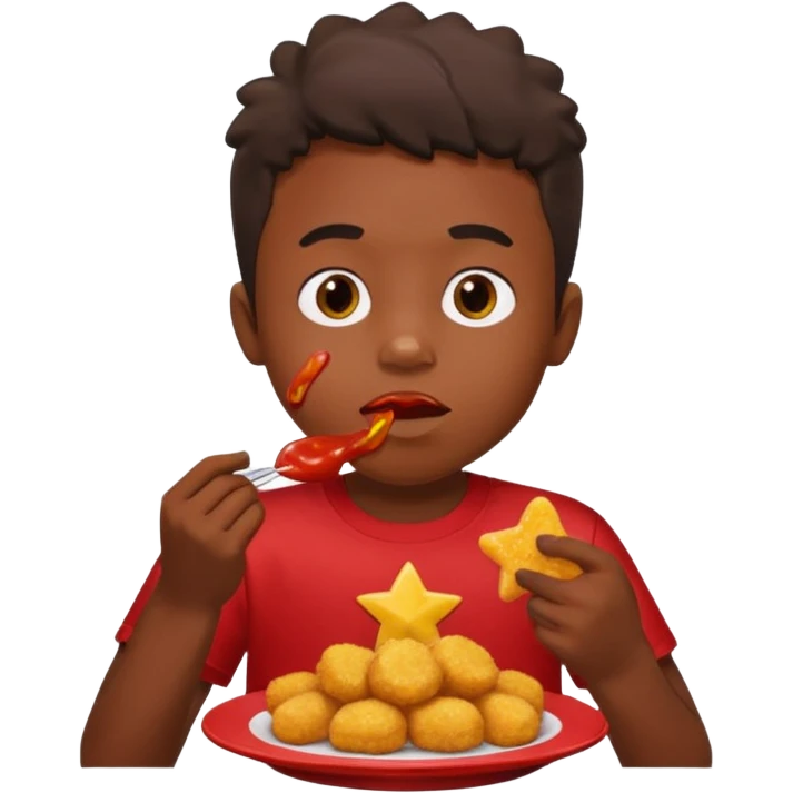 A boy with dark skin wearing a red and yellow t-shirt, eating star-shaped chicken nuggets with ketchup sauce. emoji