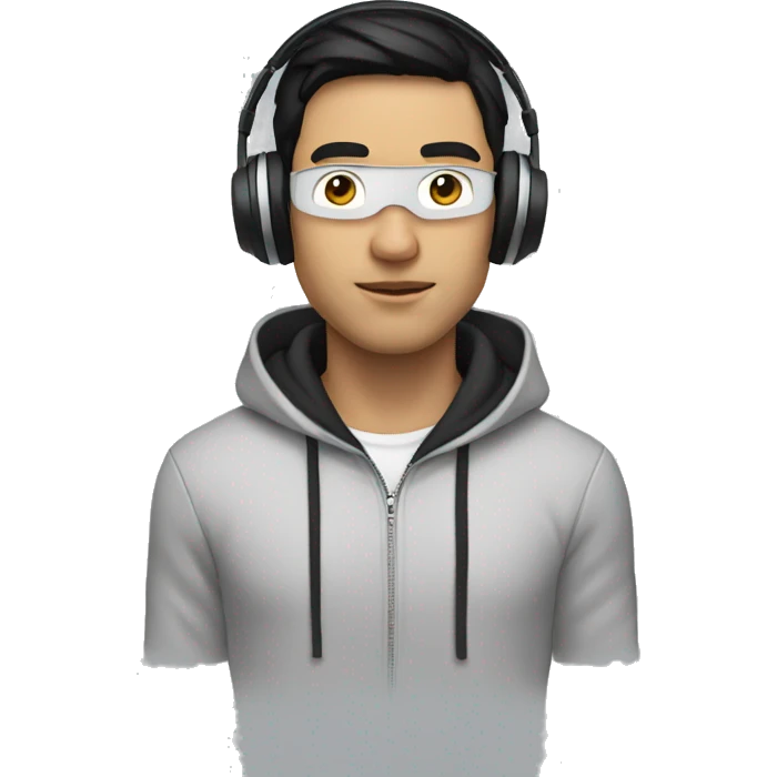 a guy with black hair, wearing a hoodie using a apple vision headset emoji