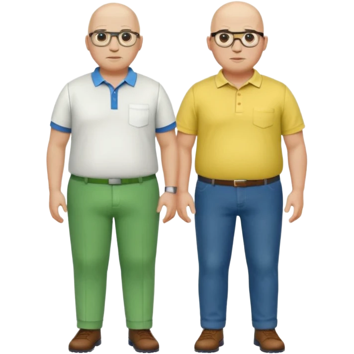 two guys, the first guy is white bald have glases a white dressshirt with rolled up sleeves and green pants he is over weight, The second guy has a yellow skin white golf shirt blue jeans and bald they should stand next to eachother emoji