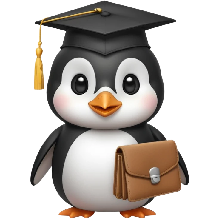 A cute penguin with beautiful eyes, very happy, wearing a graduation cap with the letter 'Ю' on it, holding a wallet. emoji