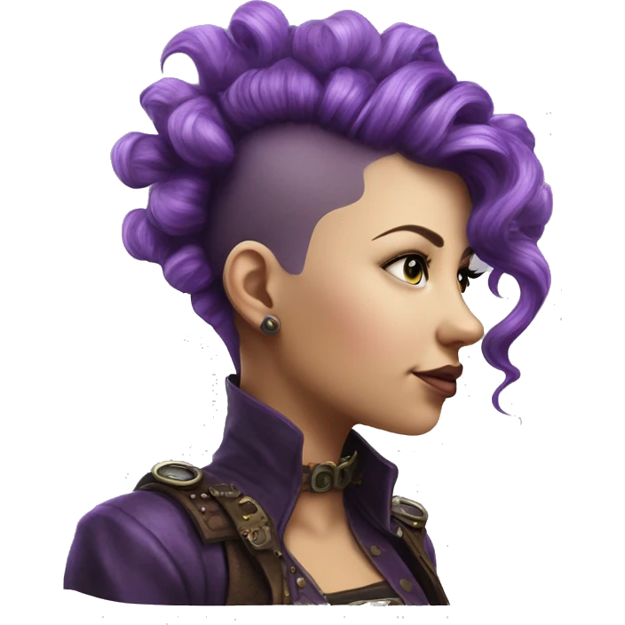 Photorealistic steampunk profile short mohawk purple wavy  on Caucasian girl with small nose round face emoji