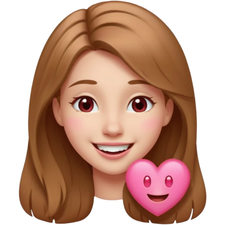 A cute cartoon-style sticker of a young woman with long light brown hair, smiling or winking playfully. She has soft facial features and a cheerful expression. There are pink or red heart emojis floating above her head. The background is transparent. emoji