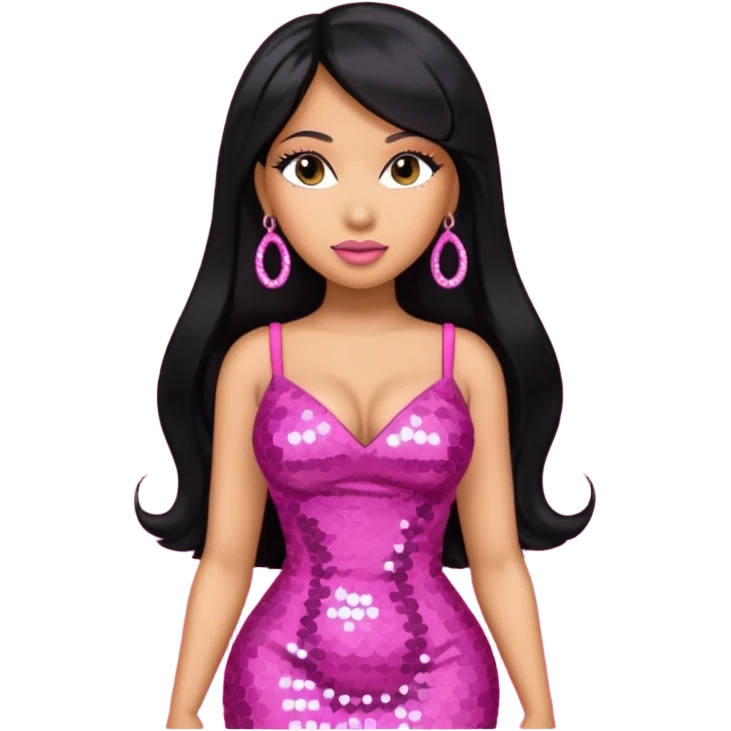 Nicki Minaj with long black hair, dark pink sequin dress, pink earrings emoji