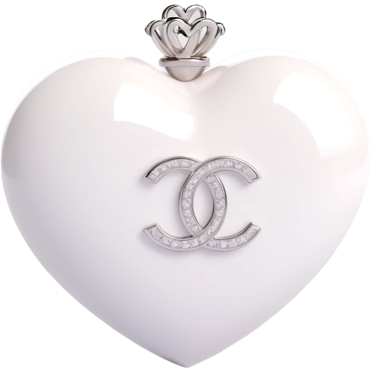 Change the glossy black heart to glossy white, keep the diamond accent and silver Chanel logo, elegant, white and silver color scheme, 3D emoji style, keep the background transparent. emoji