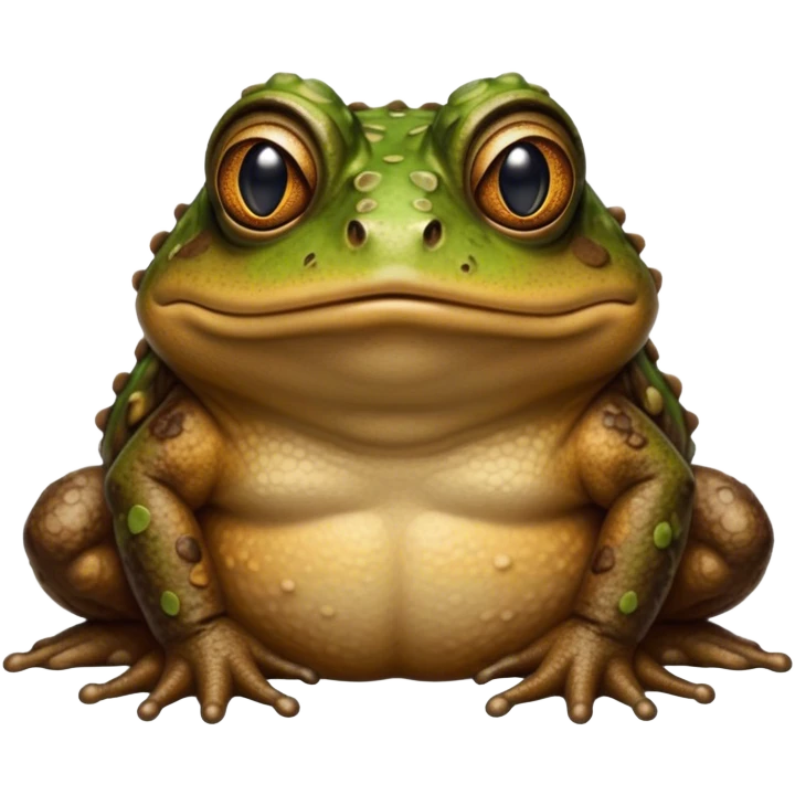 Cinematic Noble Toad Portrait Emoji, Poised and earthy, with a stout, robust build covered in textured, warty skin in warm, natural tones and deep, observant eyes, Simplified yet sharp and sophisticated features, highly detailed, glowing with a soft, natural mossy glow, high shine, intelligent and grounded, stylized with an air of rustic authority, focused and steady, soft glowing outline, capturing the essence of a watchful amphibian guardian that appears ready to leap out of the screen with effortless command! emoji