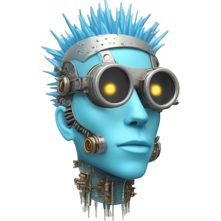 Pastel blue Mohawk cyborg head with silver steampunk goggles and circuits emoji