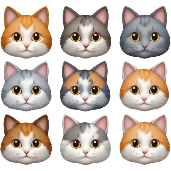 6 realistic looking cats with different natural coloured coats, assorted grey and white, greys, calico, brown and white colours etc
 emoji