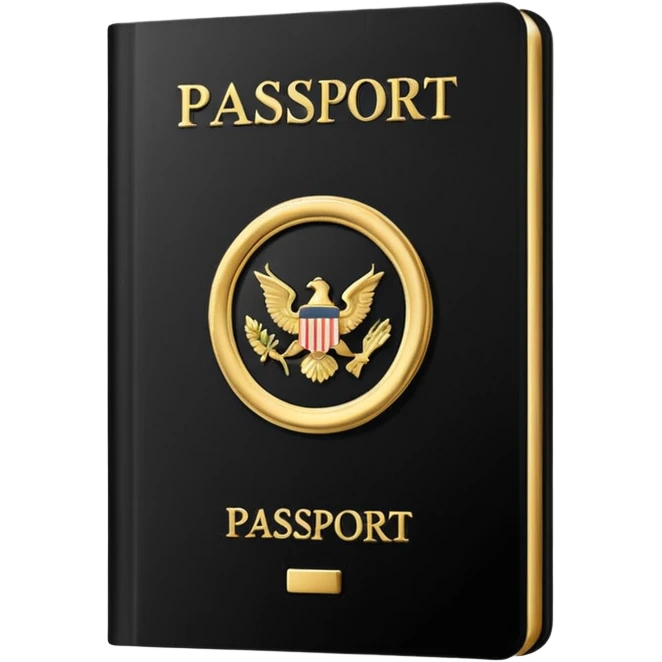 Minimal emoji icon of a black passport, matte cover, simple gold emblem, clean lighting emoji