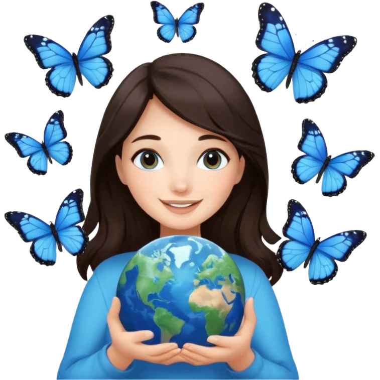 Successful CEO (brunette girl, another emoji, in the middle), holding the Earth 🌍 in her hands smiling warmly, blue monarch butterflies fly around her. emoji