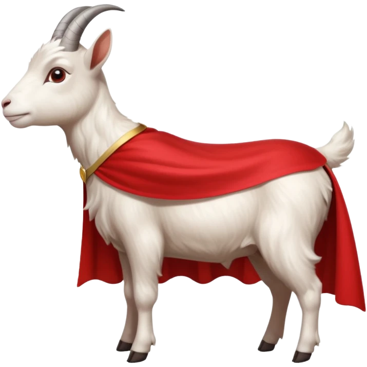side view of white female goat wearing a read cape like superman emoji