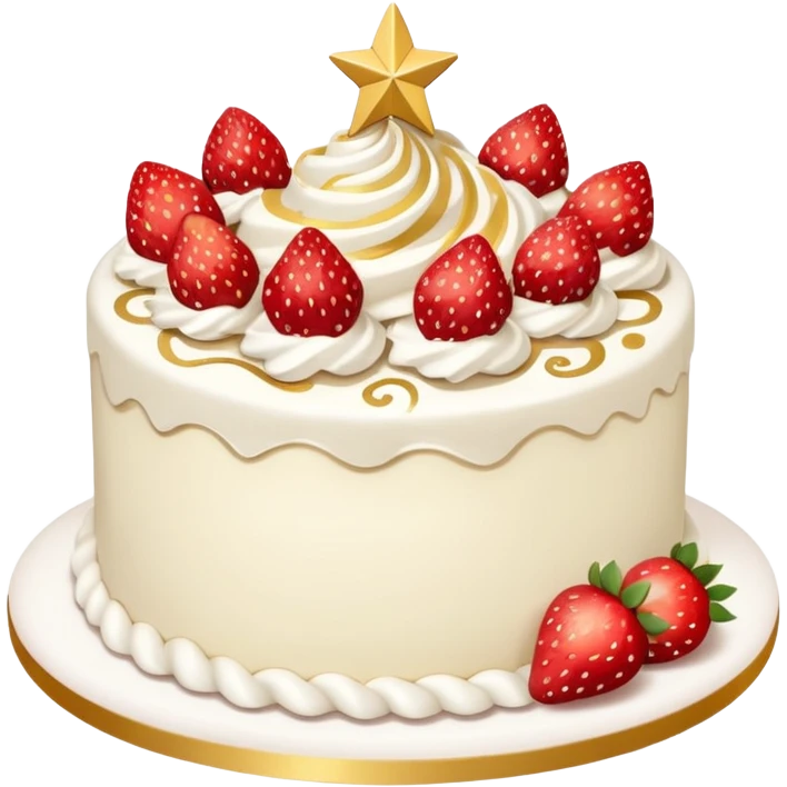 white cake with strawberries, gold star decorations, and whipped cream swirls emoji