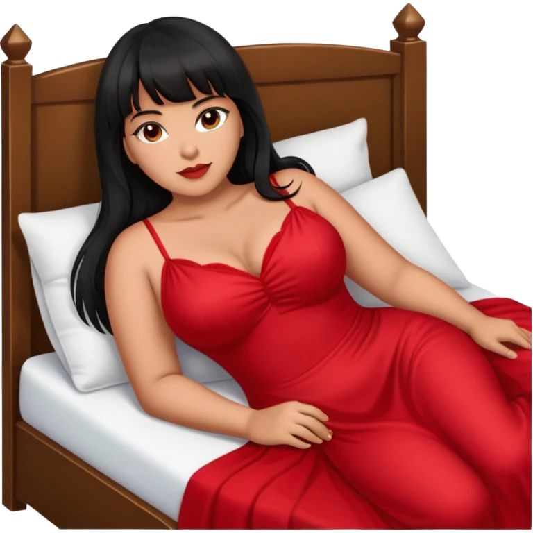 Latina medium skin tone with bangs black long hair plus size sexy red dress laying down in bed emoji