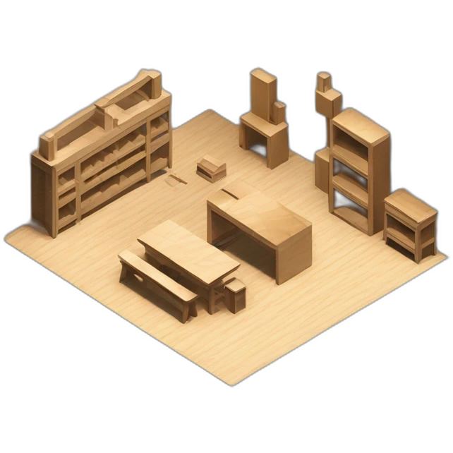 isometric square solid outline border box containing indoor creative workshop factory woodworking metalworking people actively working cnc machine tools simple clean industrial brutalist emoji