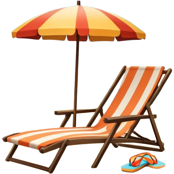 Icon for Beach Tourism: a sandy beach with a ocean skyline in the background, lounge chair, sun umbrella and flip-flops. The icon should capture the relaxation and fun of a beach vacation. Transparent background emoji