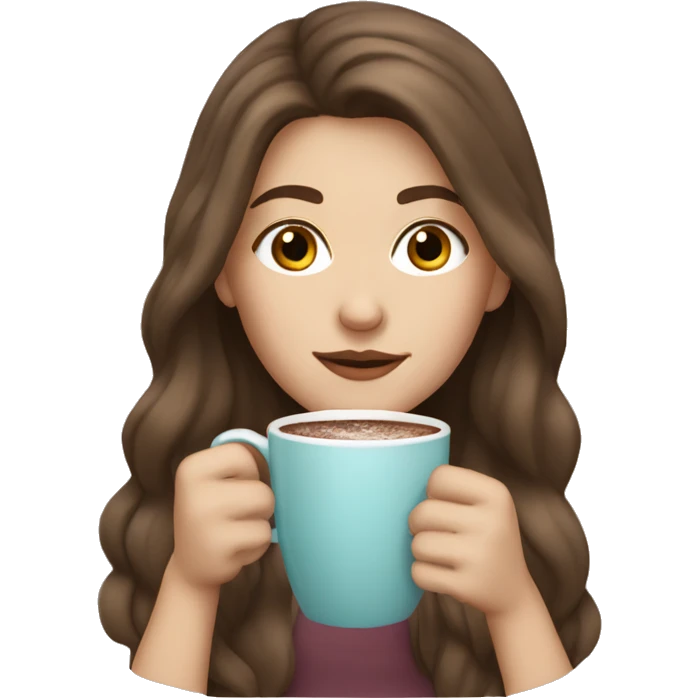 white girl with brown long hair and a hot chocolate emoji