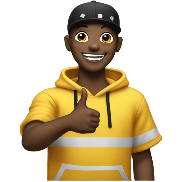 smiling boy giving thumbs up dressed as bladee  emoji