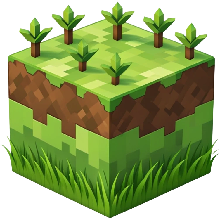Minecraft grass block, square shape, brown and green, smooth, isometric emoji