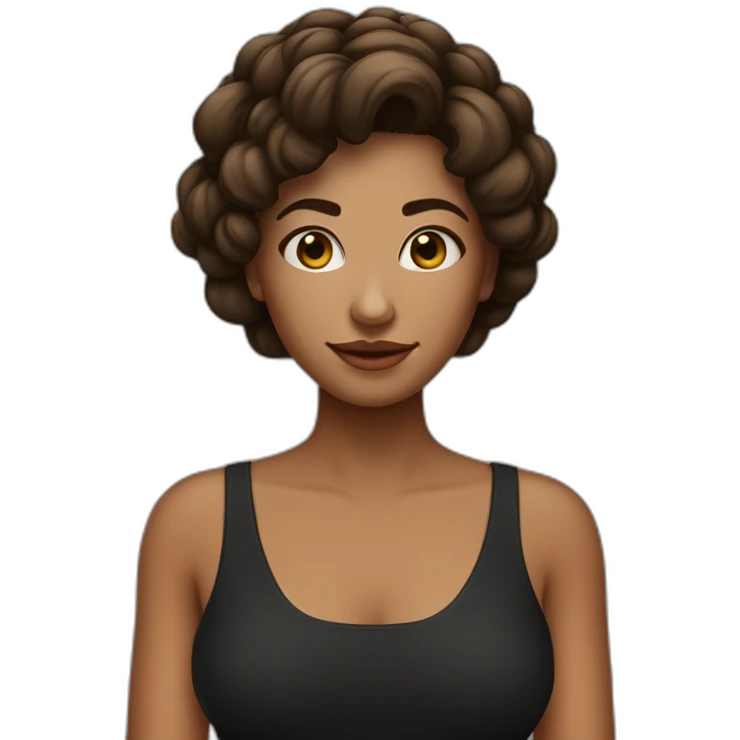 Mulher branca com cabelo castanho liso com vestido preto curto de mangas cumpridas e cabelo preso emoji