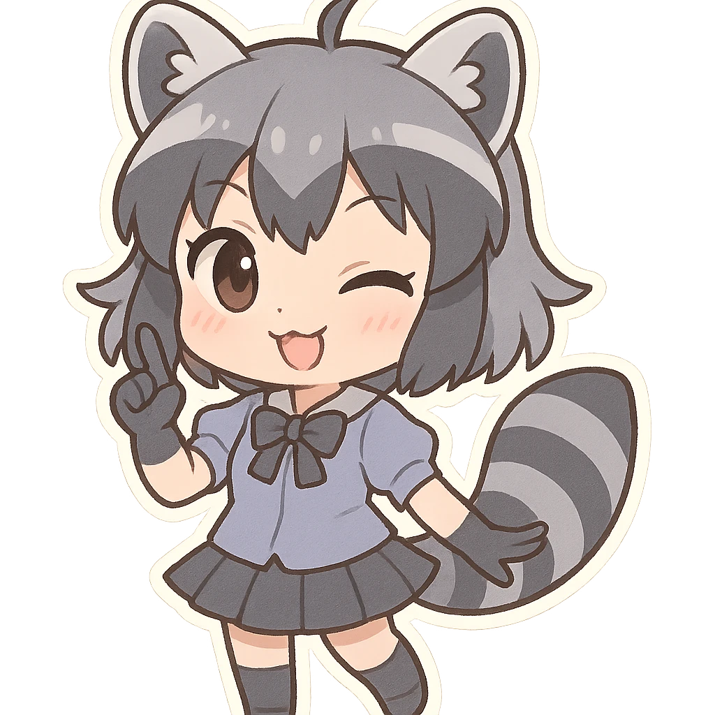 chibi stickers style raccoon girl with striped tail, playful and mischievous emoji