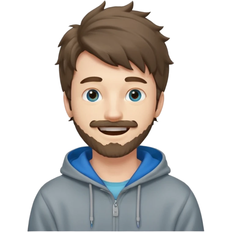 25 year old man, short scruffy beard and thin moustache, brown puffy mullet, blue eyes, big smile, white teeth, big lips, pronounced jaw, hair longer in back, sticking up on top, thin face, grey hooded sweatshirt, pale skin, big smile, blue eyes, puffy hair emoji