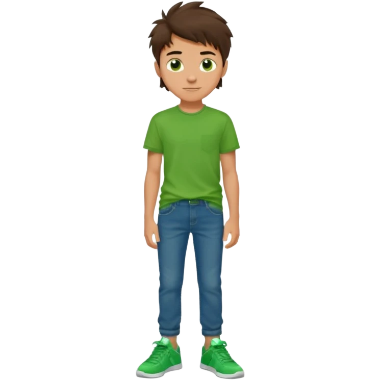 A 14 yerar old teenage boy, tanned, wearing a green t-shirt , blue jeans and green sneakers with dark brown tousled hair, smirking emoji