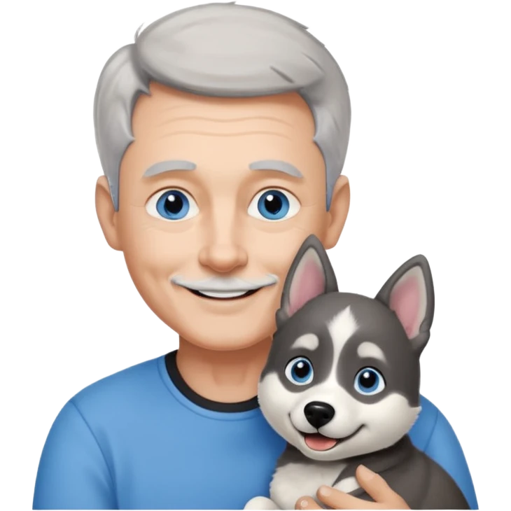 A 60 year old man with blue eyes and short light gray hair and slightly big ears, holding a black and white husky dog with floppy ears and white tuft eyebrows, both smiling emoji
