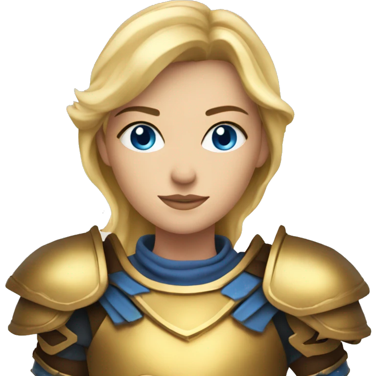 Blonde female warrior with blue eyes in gold armor with flames emoji