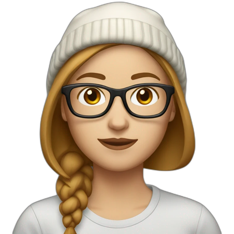30 year old white woman short straight light brown hair with a beanie on her heard and glasses emoji