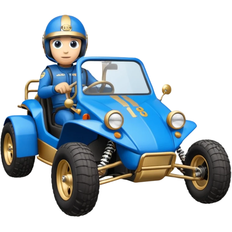 A small blue and gold dune buggy featuring a driver in a motorcycle helmet, with the word "BAJA" displayed on the side panel. emoji