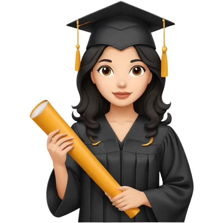 beautiful latina woman with wavy black hair wearing graduation cap and gown, holding diploma emoji