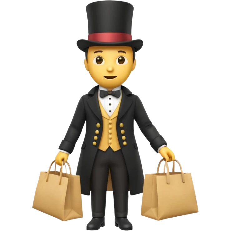 3d yellow emoji character dressed as a victorian gentleman with top hat and coat, holding a small grocery bag heroically, overconfident expression, early 2000s 3d rendered style, white background emoji
