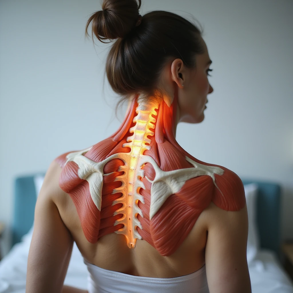 realistic anatomical back view of a woman showing neck and shoulder muscles with evident cervical contractures, clinical environment emoji