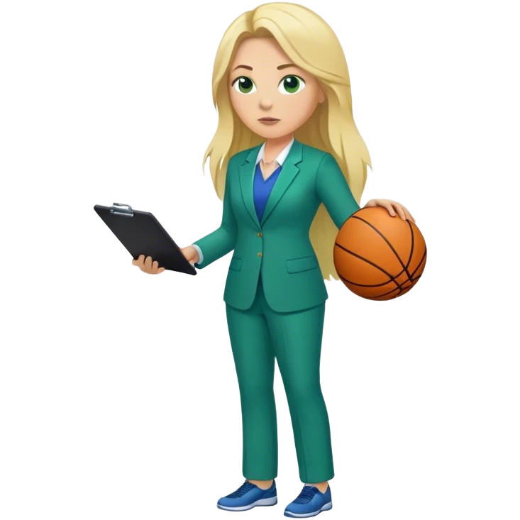Full Body white plus size female basketball head coach coaching using a clipboard with long blonde hair in a blue and green suit emoji