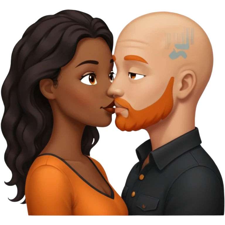 ebony black women with long brown/black wavy hair kissing bald white man. White man has orange facial hair emoji