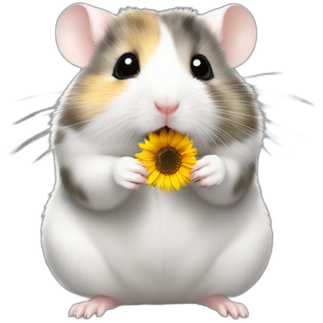 Campbell dwarf hamster with a greyish white coat eating a sunflower seed in a cute way emoji