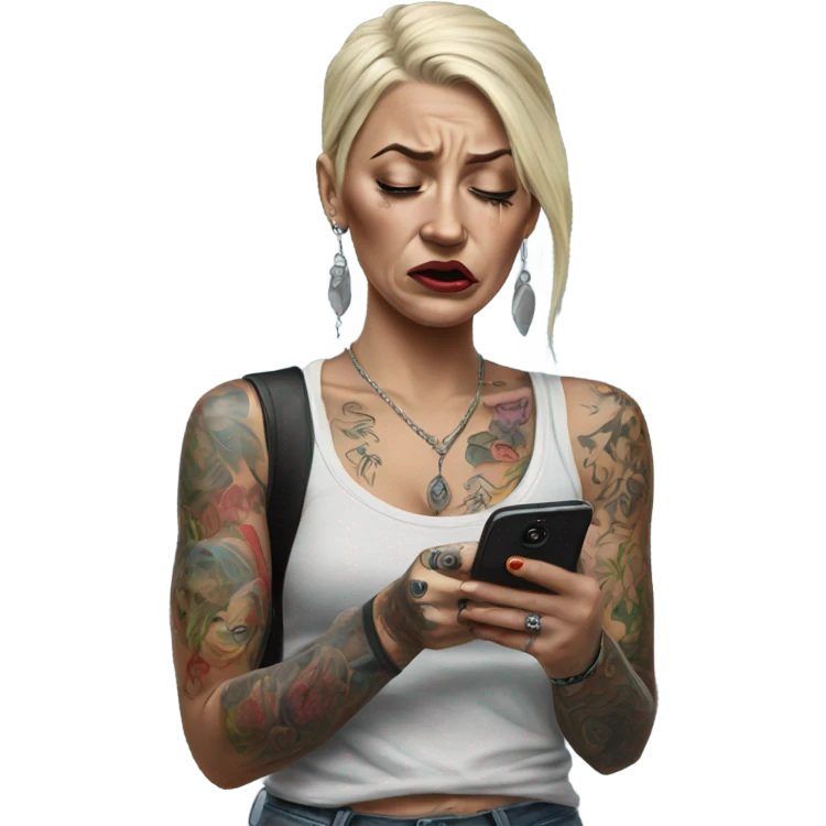 Hyper Realistic Beautiful tattooed woman crying holding a phone  emoji