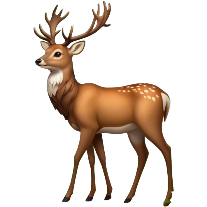 A majestic deer with large antlers, walking gracefully through a serene forest, surrounded by soft green foliage and dappled sunlight, in a minimalist and clean emoji style. emoji